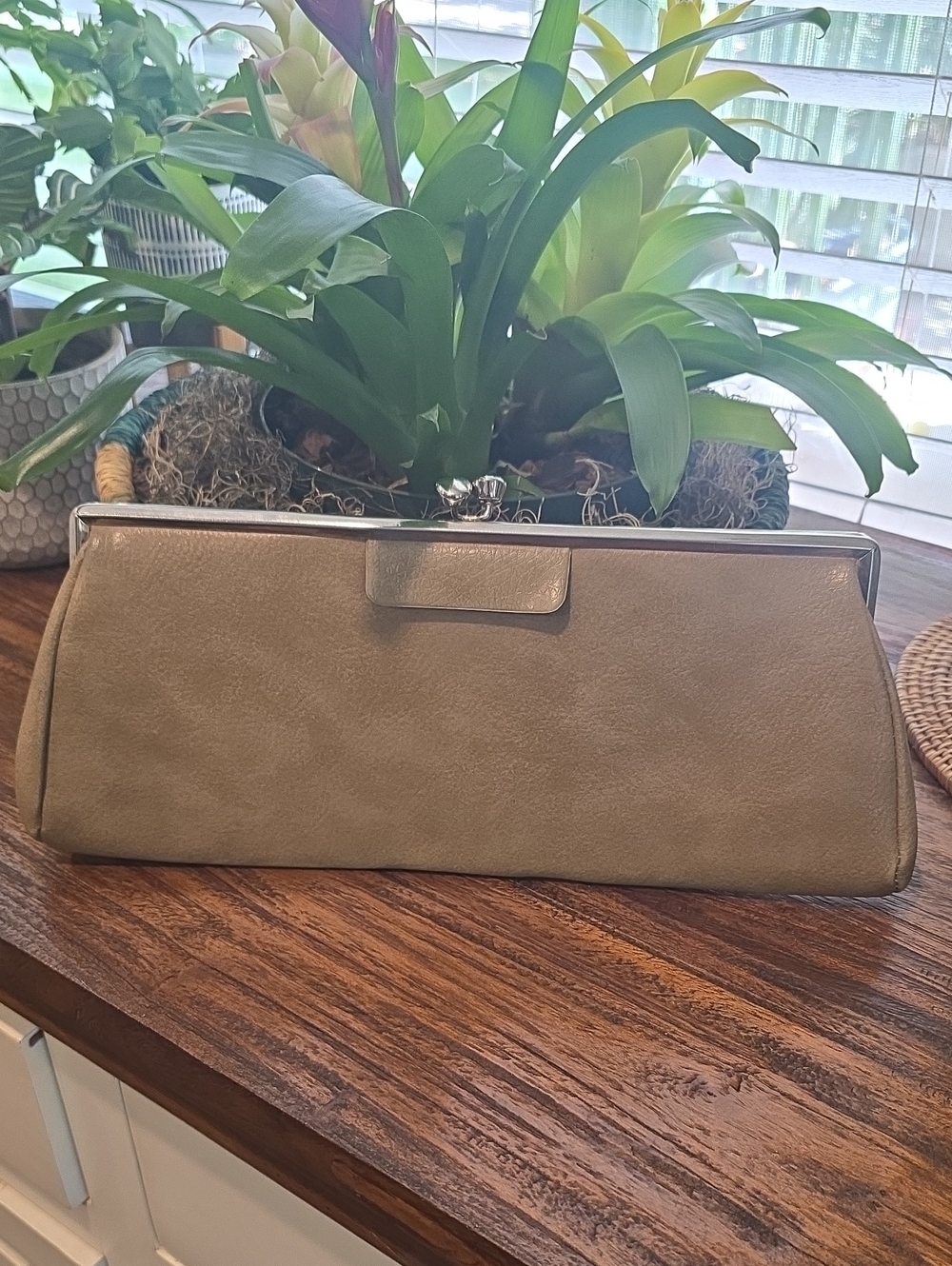 Vintage Classic Taupe Leather Clutch Handbag